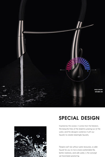 Moderner Luxus-Küchenarmatur aus schwarzem Messing, ausziehbares magnetisches Saugdesign, Einhebelmischer für heißes und kaltes Wasser mit 2 Funktionen