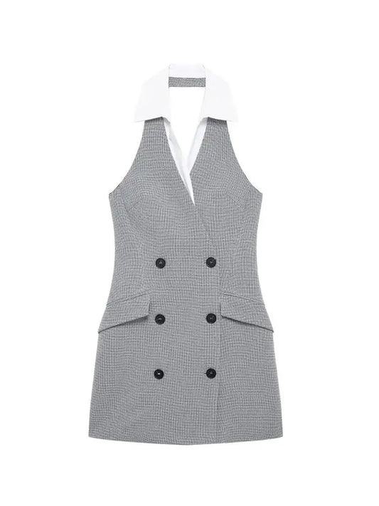TRZA Mode Zweireiher Plaid Halter Mini Kleid für Frauen Front Klappen Taschen Backless Weibliche Kleider Vestidos Mujer