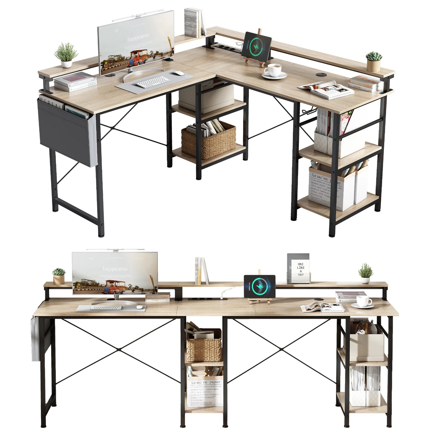 Großer Eckschreibtisch L-Form mit Regal, Monitorständer, Ablage, flexibel montierbar, Beige