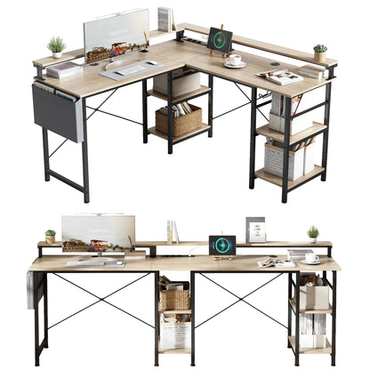 Großer Eckschreibtisch L-Form mit Regal, Monitorständer, Ablage, flexibel montierbar, Beige