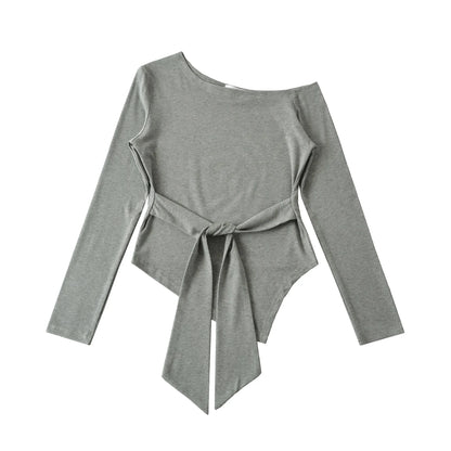 Sexy Long Sleeve T-Shirt Women's Waist Cinched Shoulder Bared Strap Design Autumn 2025 Irregular Halter Neck Top for Trendy Girl.