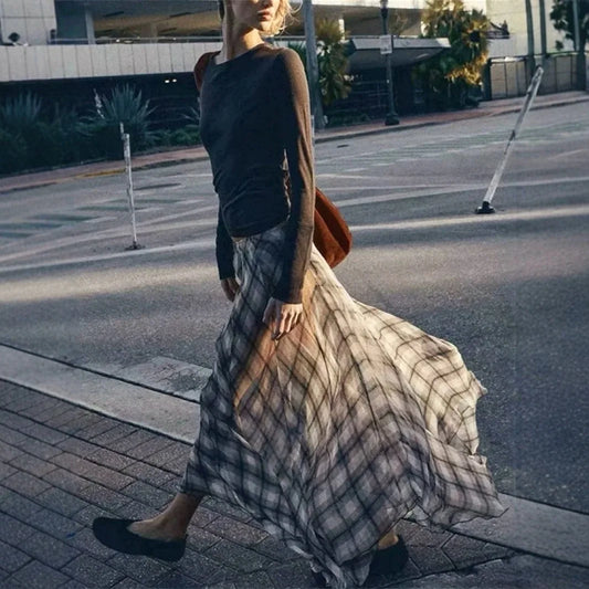 Flowing Check Midi Skirt 2025 Spring Summer New Retro Long Skirt Seaside Holiday Casual Brown Women Clothing.