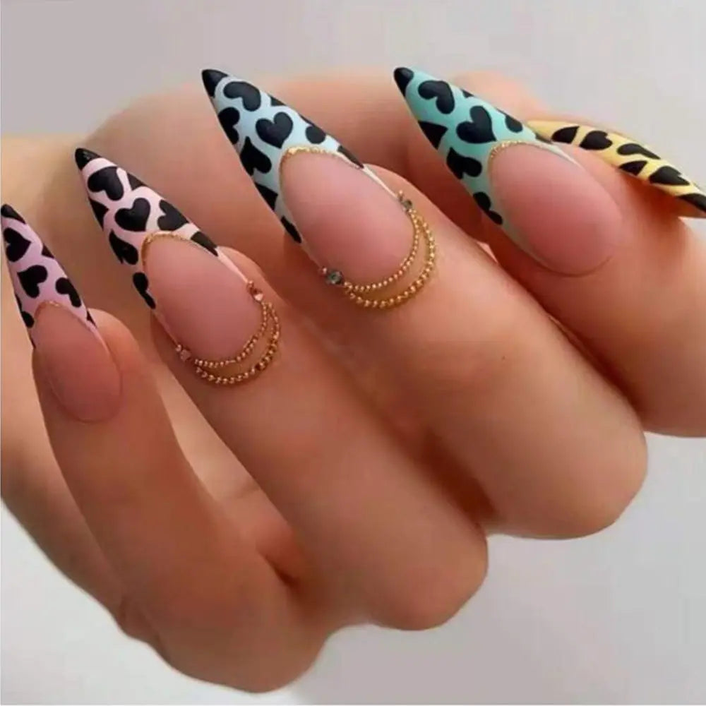 24pcs/set Long Stiletto Fake Nails Punk Snake Pattern Black White Matte False Nails Artificial Full Nail Tips Manicure Tools