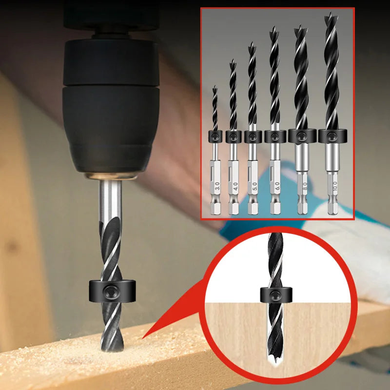1/4 Sechskantgriff Dreizackiger Holzbearbeitungsbohrer und Tiefenanschlag-Positionierer Ring-Set Holzbearbeitungsloch Reiben Elektrowerkzeug