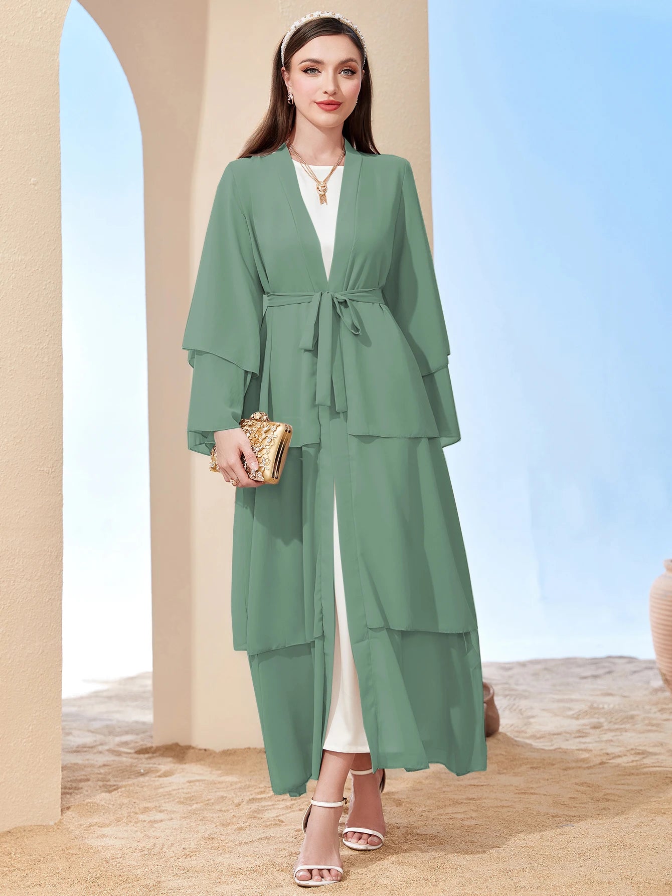 Ramadan kebaya Layered Open Front Abaya, Long Sleeve Dress With Belted , Without Hijab, Women's Clothing.