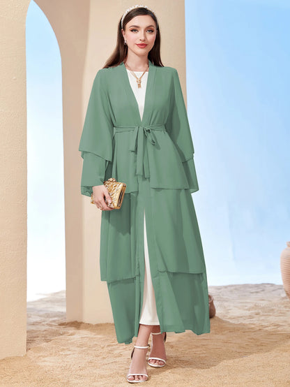 Ramadan kebaya Layered Open Front Abaya, Long Sleeve Dress With Belted , Without Hijab, Women's Clothing.
