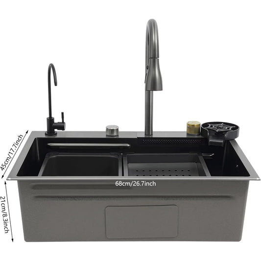 BYMAOCAR Edelstahlspüle, Küchenspüle mit ausziehbarem Wasserhahn, Haushaltsspülbecken-Set, Edelstahl-Wasserfallspüle 68 x 45 x 21 cm