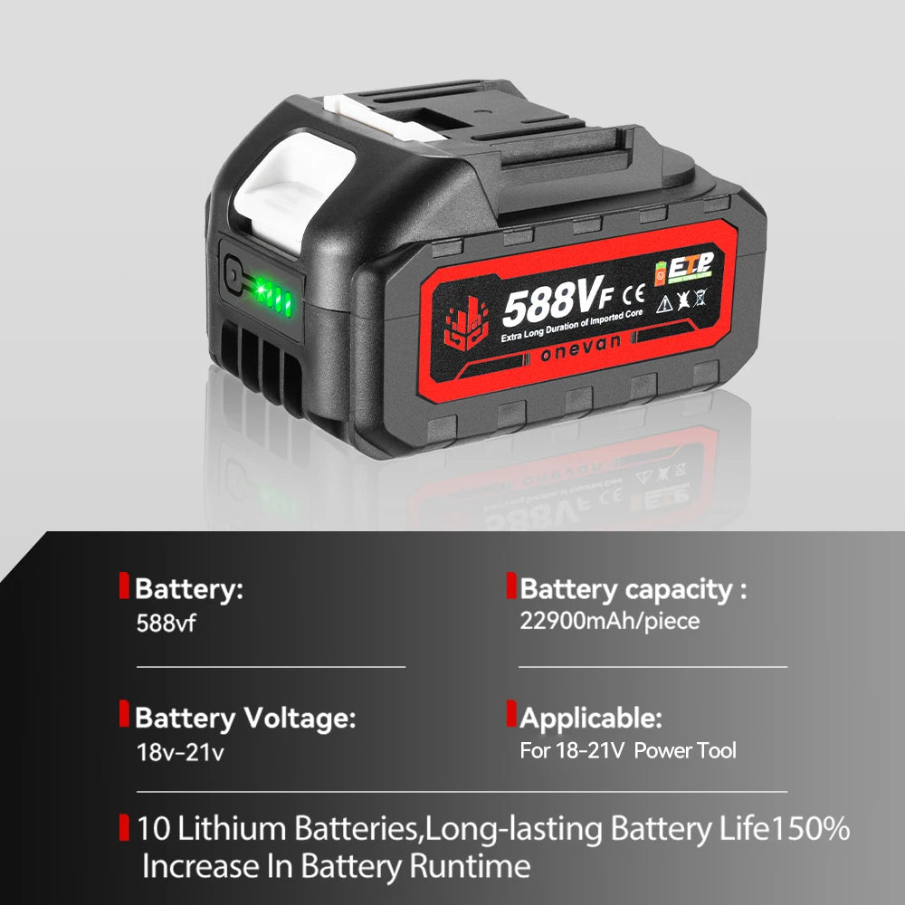 ONEVAN 18V 588VF 22900mAh Lithium-Ionen-Akku mit Ladegerät für Elektroschrauber Kettensäge Elektrowerkzeug-Akku