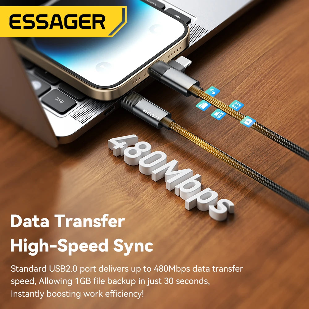 Essager 2-in-1 Right Angle Cable PD 65W 29W Fast Charging Elbow Data Cable For iPhone 15 14 13 MacBook Lenovo Asus Dell iPad Pro.