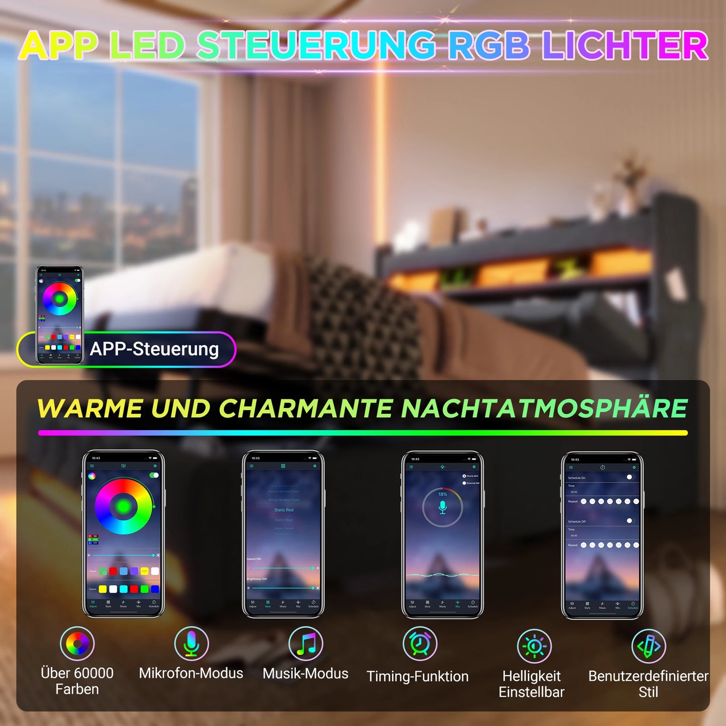 KOMHTOM Doppelbett Leinen, mit USB und Typ C-Port, 360-Surround-LED-Funktion, Hydraulischer Stauraum, ohne Matratze