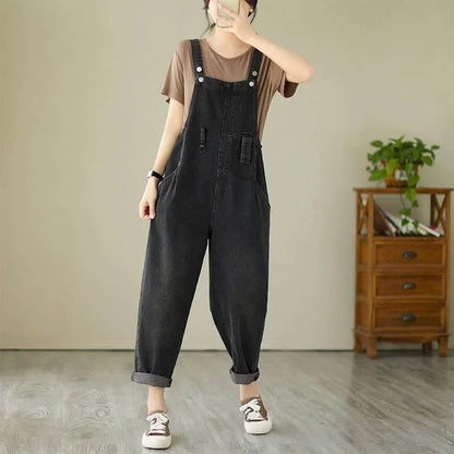 Denim Jumpsuits for Women Pocket Design Korean Style Loose Straight Pants One Piece Outfit Women Overalls for Women Playsuits.