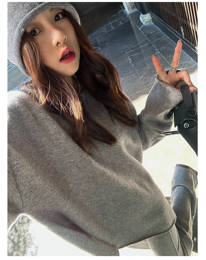 Koreanische Version des weichen, wachsartigen, faulen Wind-Stricksets 2024, sanfter Rundhalspullover, Pullover, weites Bein, Hose, zweiteiliges Set für Damen