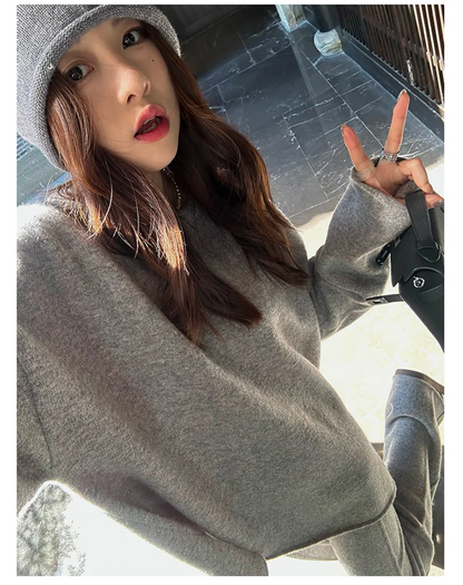 Koreanische Version des weichen, wachsartigen, faulen Wind-Stricksets 2024, sanfter Rundhalspullover, Pullover, weites Bein, Hose, zweiteiliges Set für Damen