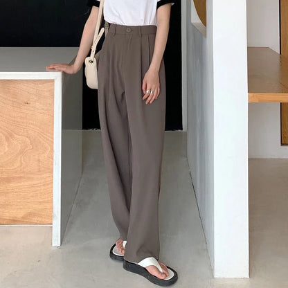 Hohe Taille Frauen Anzug Hosen fallen gerade Büro Damen koreanische Mode Hosen lässig Knopf lose weibliche schwarze Hosen neue 2024