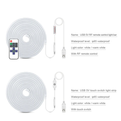 USB 5V LED Neon Sign Light Strip, Dimmable Penetrating Wooden Touch Sensor Switch & Remote Control Flexible Tape Silicone Decor.
