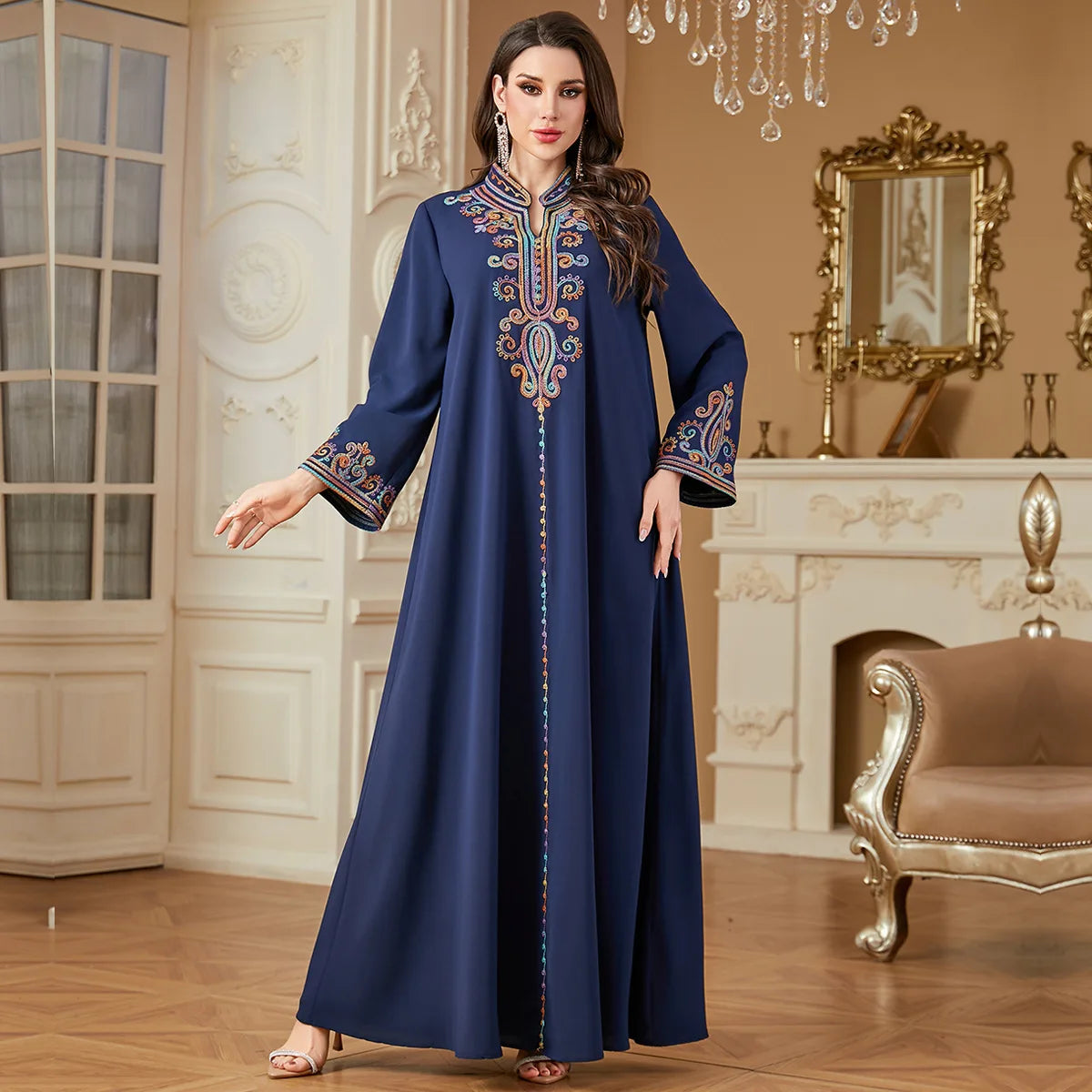 Dubai Muslim New Fashion Women's Embroidereid Long Sleeve V-neck Loose A-line Ankle Length Dresses Female Trendy Elegant Clothes