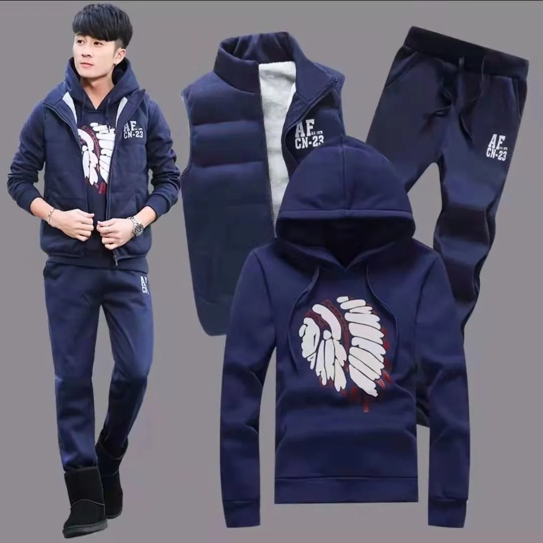 3 Pieces Set Hoodies+Vest+Pants Casual Men's Track Suit Clothing Coats Winter Thick Warm Tracksuit for Men Printed Mens Set Vest.