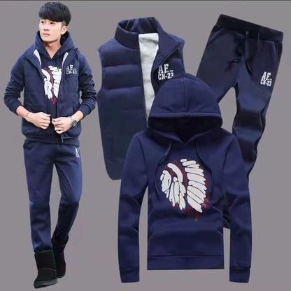 3 Pieces Set Hoodies+Vest+Pants Casual Men's Track Suit Clothing Coats Winter Thick Warm Tracksuit for Men Printed Mens Set Vest.