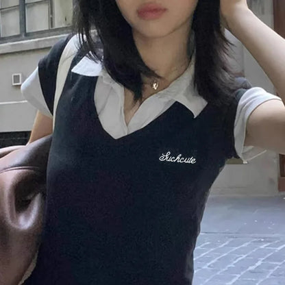 Women's Short Sleeve T-Shirt, Slim, Turn-Down Collar, Preppy Style, Patchwork, Casual, Summer Fashion, Fake 2 Piece, 2024.