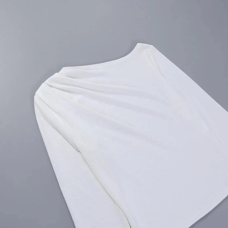 Langarm Top Weiße T-Shirts Frauen Basic Crop Top Herbst Pullover Solide Skew Neck T Shirt Streetwear Basic Schwarz Y2K Tees