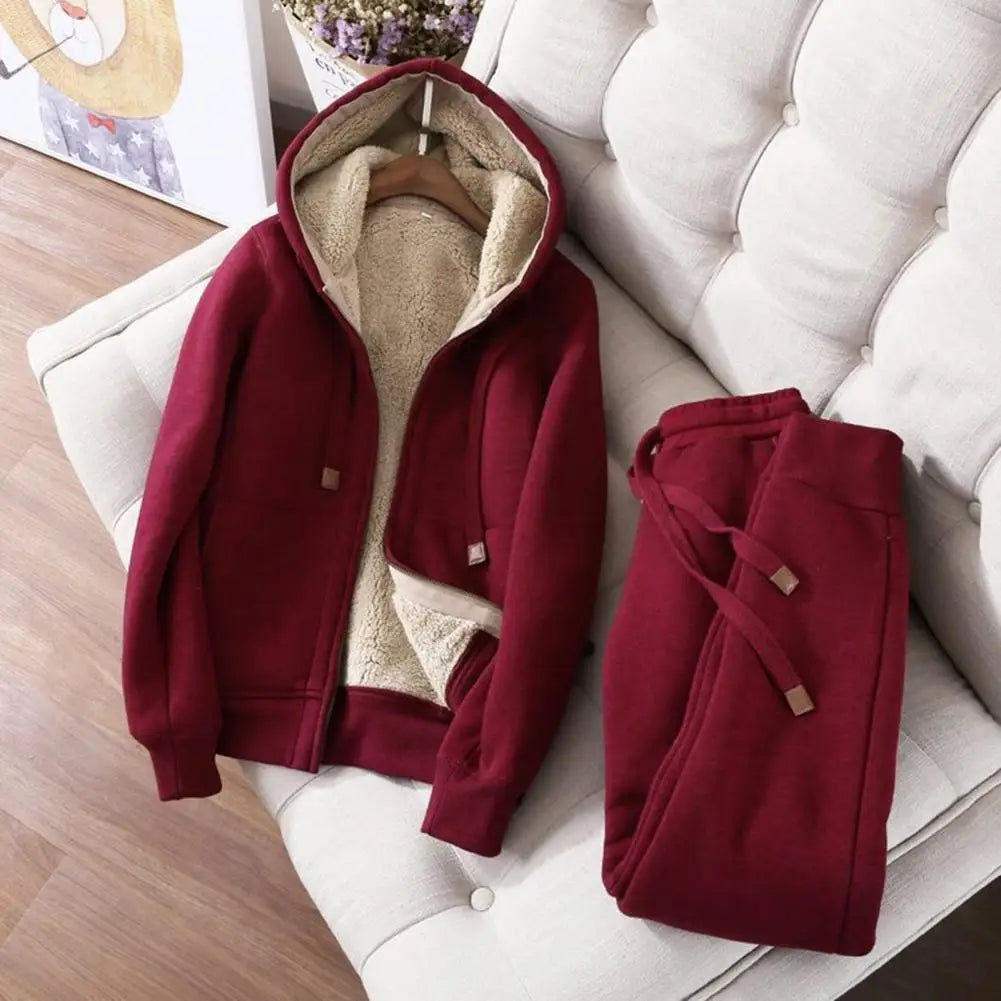 Women's Sweatshirt Pants Suit Autumn and Winter Warm Long-sleeved Fleece Thick Hoodie Coat Jogger Pants Sportswear Two-piece Set.