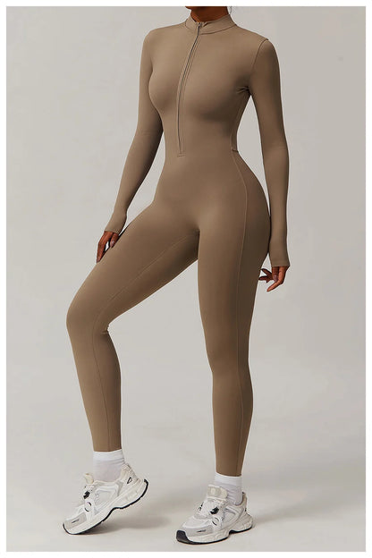 Zipper Workout Jumpsuit Sports Overalls Women Gym Clothing Running Long Sleeves Fitness Gym Tracksuit Short Sportswear Yoga Set.