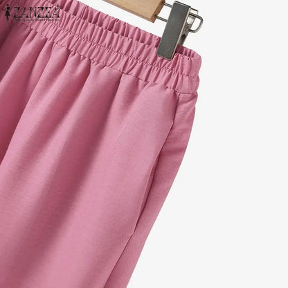 ZANZEA Women Elastic Waist Trouser 2pcs Tracksuit Muslim Fashion Long Sleeve Ruffles Tops Turkey Pant Sets Elegant Matching Sets.