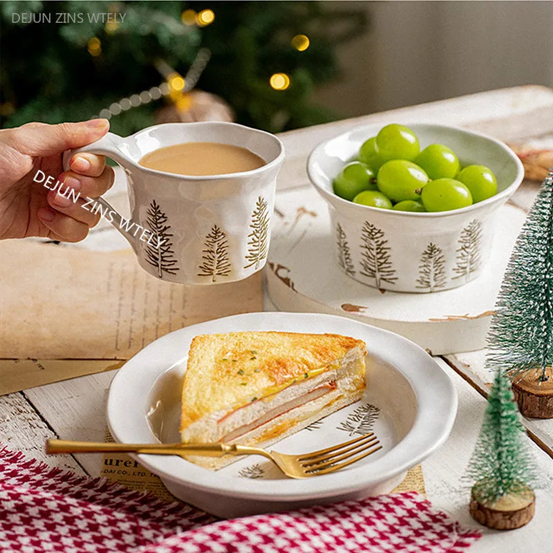1PC Exquisite Christmas Tableware Ceramic Plates Fruit Salad Plates Breakfast Milk Mugs Household Kitchen Ceramic Noodle Bowls.