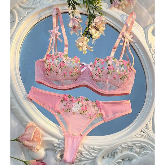 Round Up Night Beautiful Sexy Women 2 Piece Floral Embroidery Underwear Sexy Erotic Lingerie Underwear Lenceria Sexy Sets.