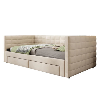 3-in-1 ausziehbares Schlafsofa 90 x 190 cm, Multifunktionsbett mit Schubladen, Einzel-/Doppelbett, Baumwolle und Leinen (Matratze nicht im Lieferumfang enthalten)