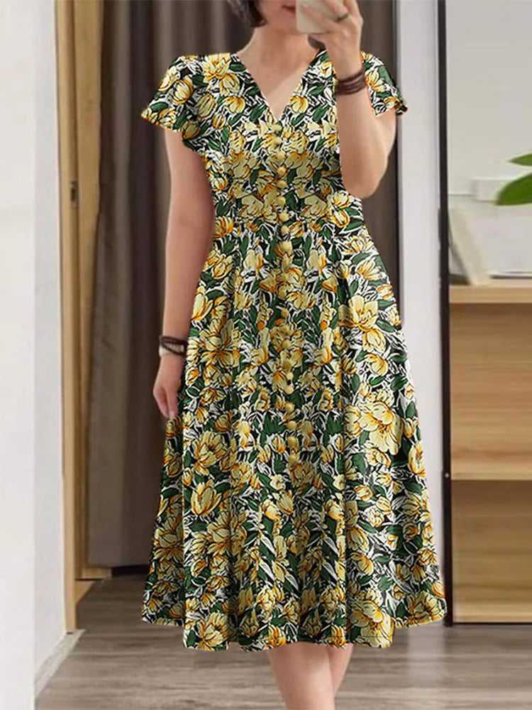 ZANZEA Elegante Frauen Floral Print Midi Kleid Sommer 2025, Casual Rüschen Kurzarm V-ausschnitt Vestidos Mode Cinched Taille Roben