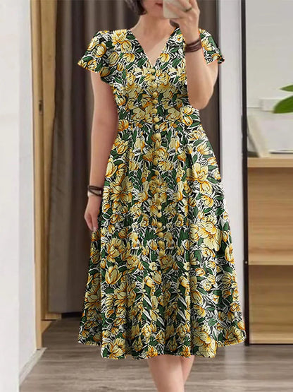 ZANZEA Elegante Frauen Floral Print Midi Kleid Sommer 2025, Casual Rüschen Kurzarm V-ausschnitt Vestidos Mode Cinched Taille Roben