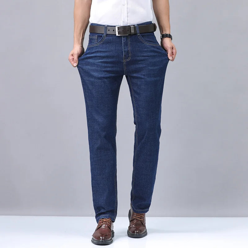 2024 New Brand Men's Fit Straight Lightweight Cotton Stretch Denim Pants Casual Male High Waist Thin Light Blue Business Jeans.