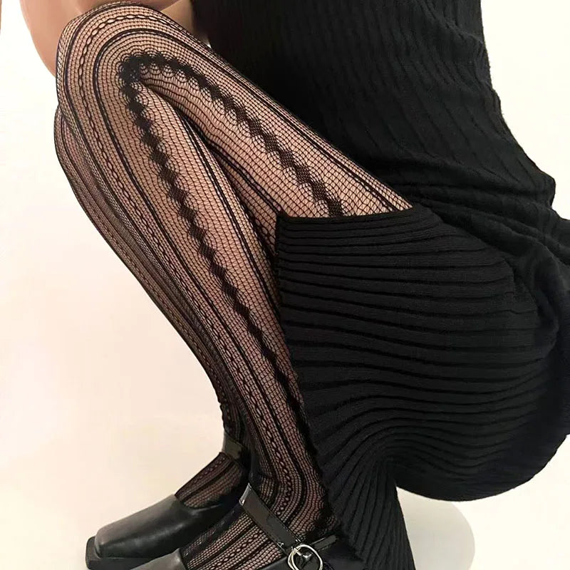 Female Vintage Fishnet Lace Pattern Tights Hollowed Rhombus Striped Geometric Jacquard Pantyhose Anti-pilling JK woman Legging