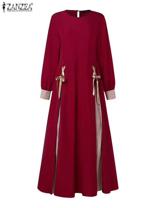ZANZEA Mode Frauen Langarm Muslimischen Abaya Kleid Frühling Patchwork Maxi Kleider Robe Femme IsIamic Vestidos Lace Up Sommerkleid
