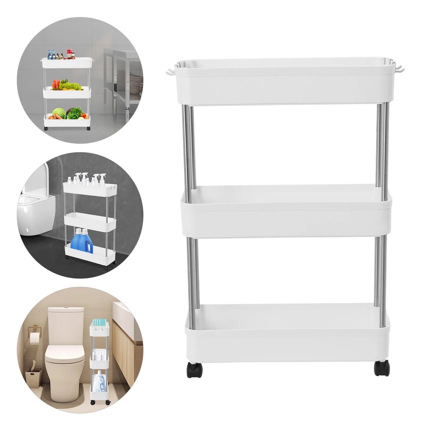 3-lagiges Rollwagen-Regal, bodenstehendes Lagerregal mit 4 Universalrädern, 4 Haken, Küche, Badezimmer, Organizer