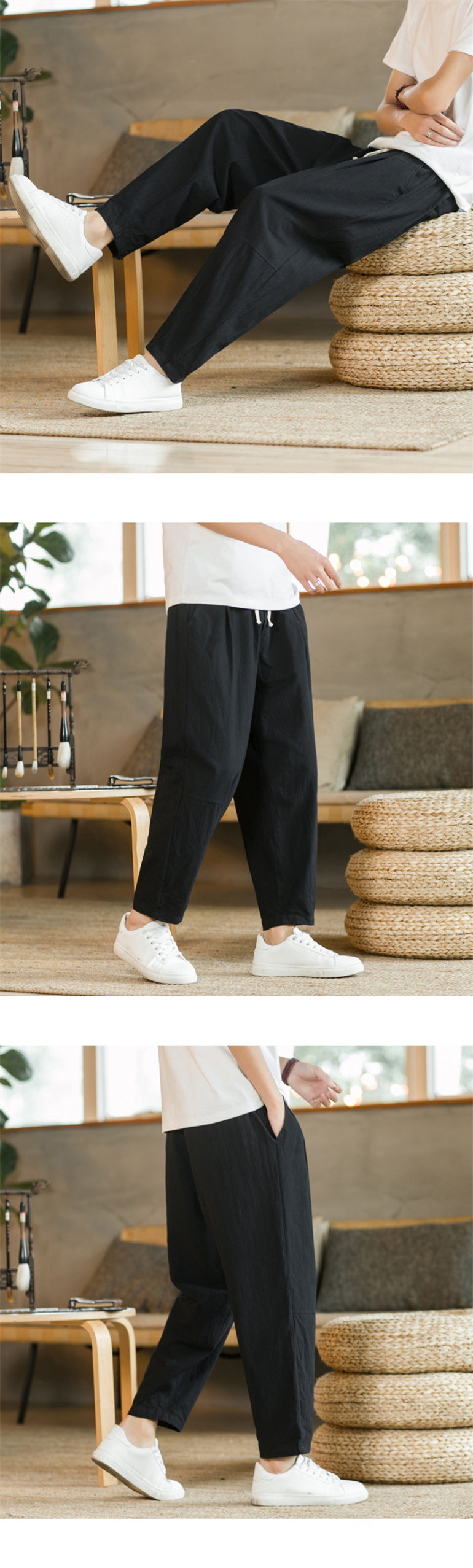 Men's Trousers Cotton Linen Fashion Casual Pants Solid Color Breathable Loose Shorts Straight Drawstring Pants Streetwear Men.