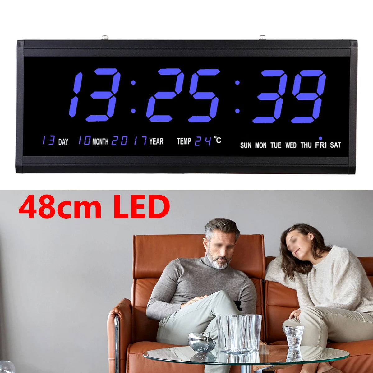 Übergroße digitale LED-Wanduhr – steckbar, automatischer Dimmer, großer Kalender und Thermometer (blau schwarz)