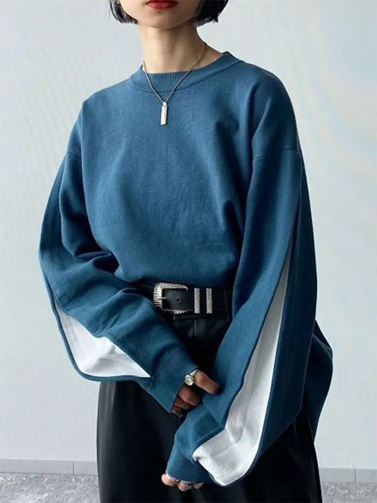 Autumn New No Hoodie Women Streetwear Fashion Long Sleeves Patchwork O-Neck Pullover Lady Versatile Knitted Casual Slim Clothing.