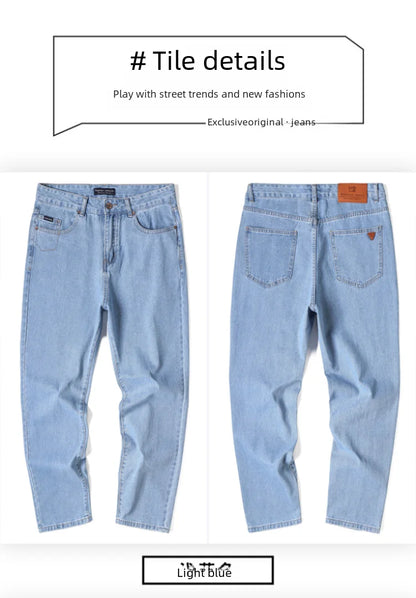 Light Blue American Retro Jeans Men Soft Loose Straight Cylinder High Street Workwear Casual Loose Legs Pants