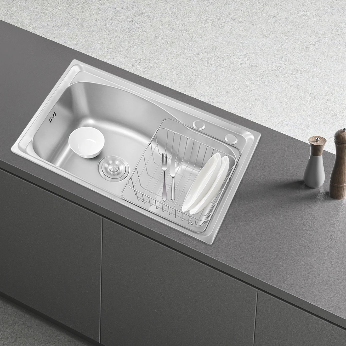 Stainless Steel Kitchen Sink Set, Single Bowl 25.6" Undermount/Overmount Sink with Draining Basket & Accessories