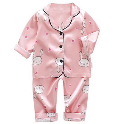 Koreanische Version des Kinder-Pyjama-Sets aus Seidensatin mit langen Ärmeln und Hose, zweiteiliges einfarbiges Cartoon-Set für männliche Babys