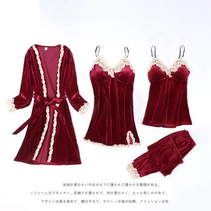 Autumn Velvet Women 4PCS Pajamas Set Sleepwear Burgundy Velour Bathrobe Nightwear Lace Patchwork Pijamas Suit Sexy Negligee