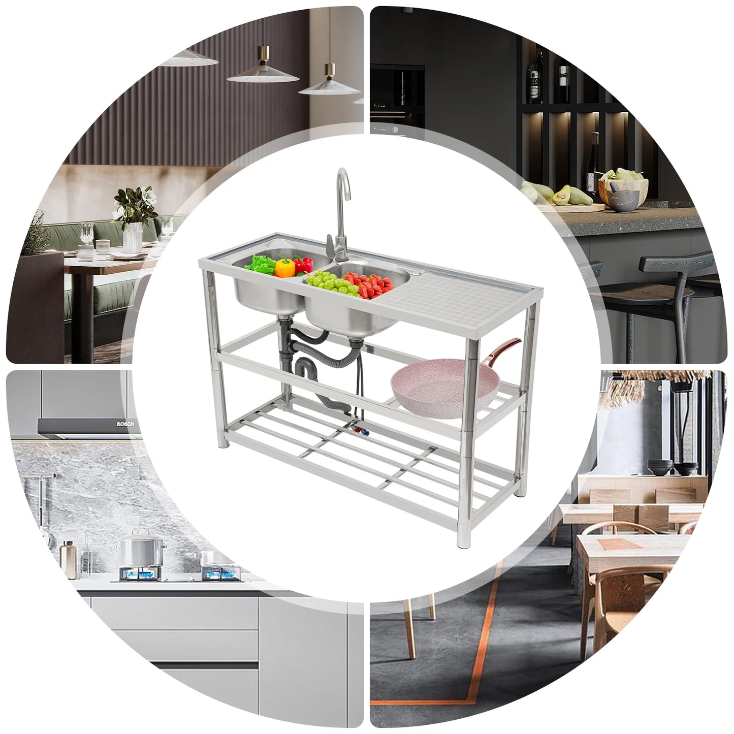 Dual Sink Stainless Steel Sink, Large Capacity, 360° Rotating Faucet, Raised Edges, Layered Filtration for Kitchens