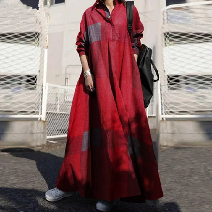 Spring Fashion Cotton Linen Dress Retro Ethnic Style Clothing Printed Loose Long Sleeve Large Swing Dress.