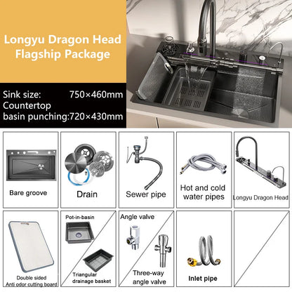 Stainless Steel Kitchen Waterfall Sink Embossed Digital Display Large Single Slot All-in-one Faucet Multi-functional Wash Bain