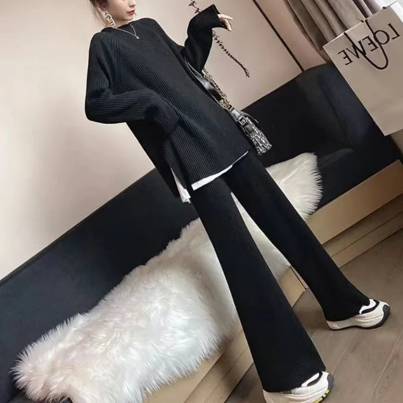2024 Autumn Winter New Women's Fashion Fashionable Age Reducing Two Piece Pants Knitted Sweater Straight Leg Pants Set For Women.