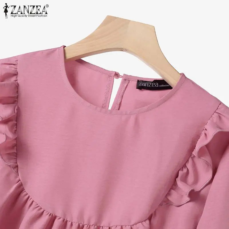 ZANZEA Women Elastic Waist Trouser 2pcs Tracksuit Muslim Fashion Long Sleeve Ruffles Tops Turkey Pant Sets Elegant Matching Sets.