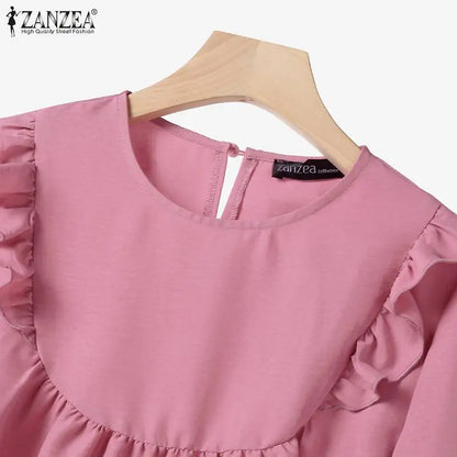 ZANZEA Women Elastic Waist Trouser 2pcs Tracksuit Muslim Fashion Long Sleeve Ruffles Tops Turkey Pant Sets Elegant Matching Sets.