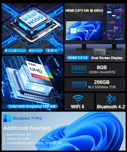 MLLSE G3 Mini PC Intel 12th Alder Lake N100 DDR4 8GB RAM 256GB ROM WiFi 5 BT4.2 Windows 11 Pro Desktop Computer  HDMI*2.
